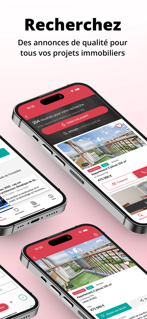 Figaro Immo - Figaro Immo app interface showing French real estate listings on mobile devices