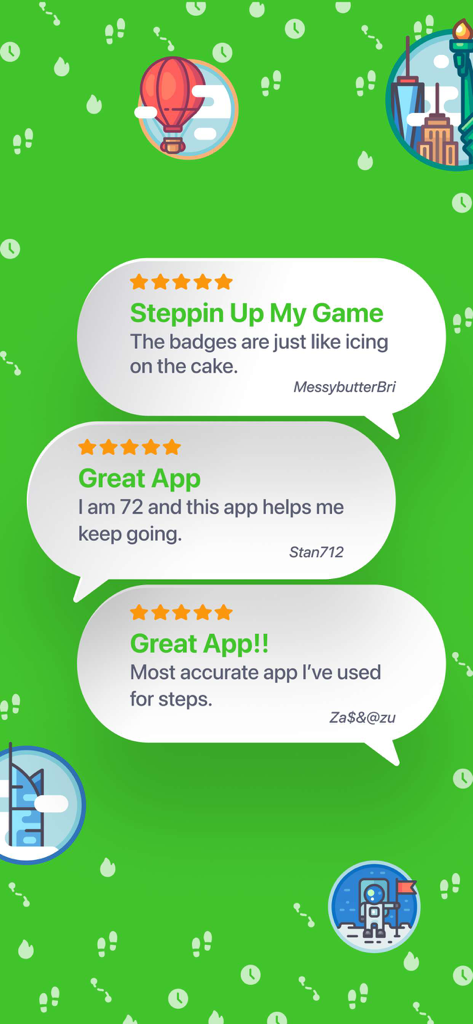 Positive five star user reviews for Stepz step counter app highlighting accuracy and motivational features