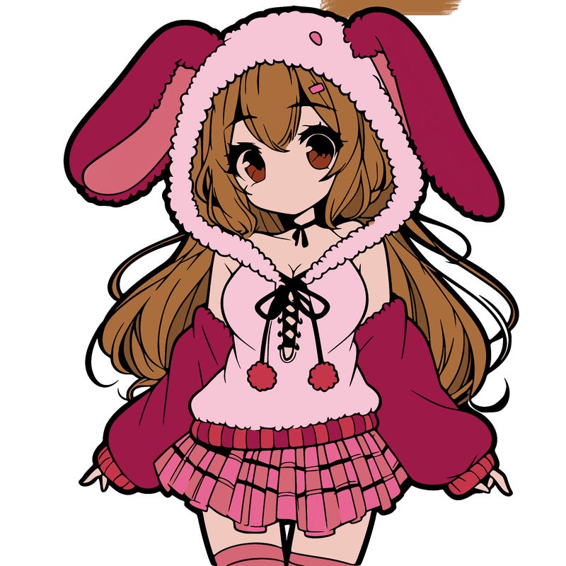 pretty anime girl wearing a fluffy hoodie with bunny ears on the hood and a skirt