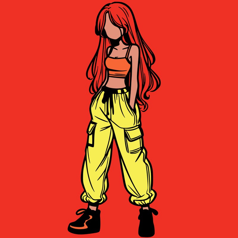 girl in baggy pants crop top and long hair