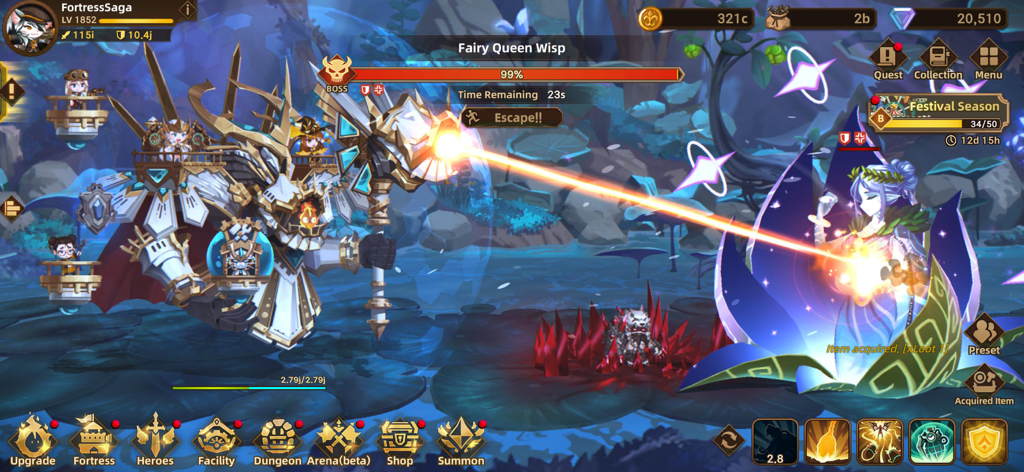 A large mechanical fortress attacking the Fairy Queen Wisp boss in the Art Nouveau styled RPG Fortress Saga