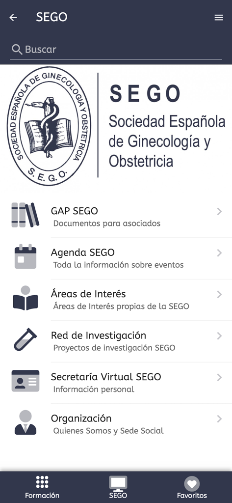 Mi SEGO - Menú principal de la aplicación Mi SEGO para ginecólogos con documentos clínicos, proyectos de investigación y formación profesional