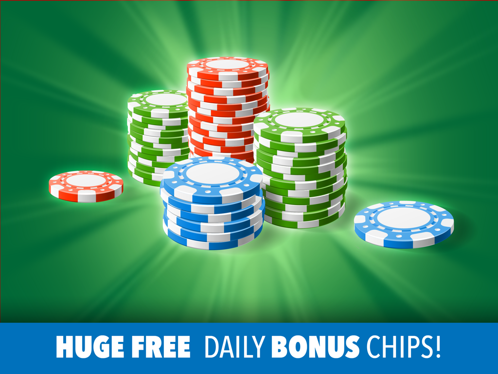 Piles de jetons de poker rouges, verts et bleus sur un fond vert lumineux avec le texte Énormes jetons bonus gratuits chaque jour.