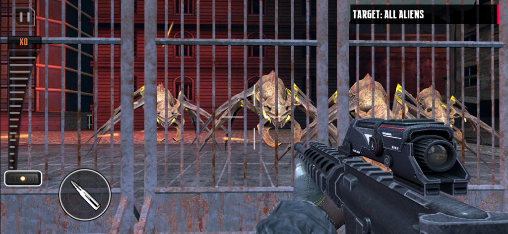 First-person perspective of a sniper aiming at three spider-like aliens in a city environment.