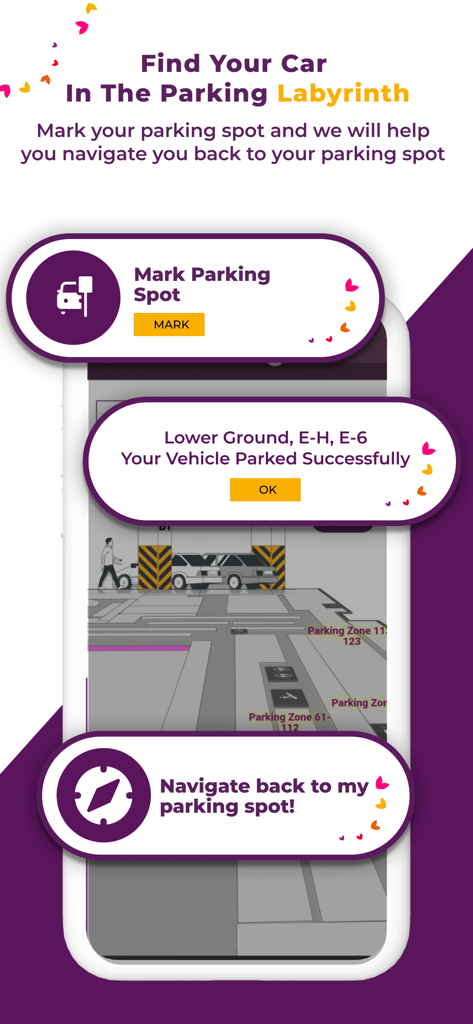 nexusONE - NexusONE app interface showing the Find Your Car feature for marking and navigating back to a mall parking spot