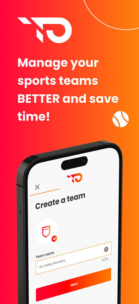 TeamPulse - Team management - TeamPulse mobile app screen for creating a new sports team