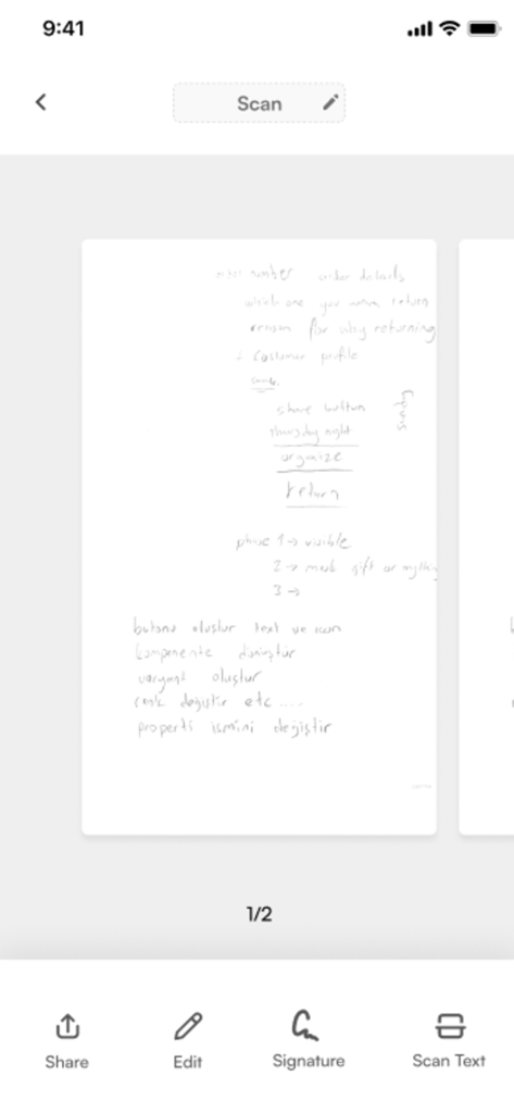Scan UP – Secure Scanner - Scan UP app interface showing a scanned handwritten note with options to share edit sign and extract text