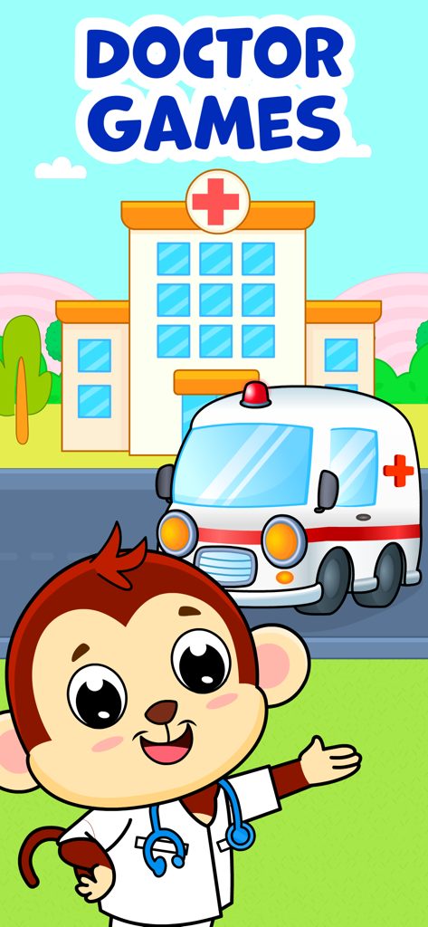 Doctor Games for Kids: Dentist - Un mono de dibujos animados vestido de doctor parado frente a un hospital y una ambulancia con el título Doctor Games