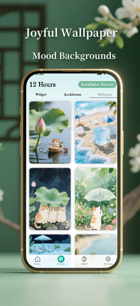 A collection of serene cat-themed phone wallpapers and mood backgrounds within the 12 Hour Health app interface.