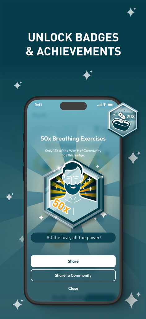 Unlock badges and achievements screen in the Wim Hof Method app showing a 50x breathing exercise milestone.