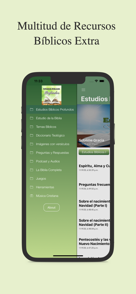 Estudios Bíblicos Profundos - Interfaz de la aplicación Estudios Bíblicos Profundos mostrando el menú lateral con recursos bíblicos y una lista de temas de estudio.
