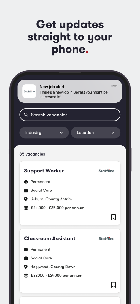 Staffline - Mobile screen of Staffline recruitment app showing job vacancies and job alert notification
