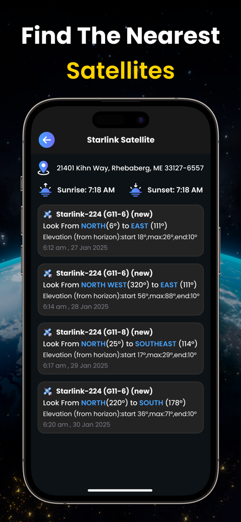 Tela do aplicativo móvel mostrando uma lista de avistamentos de satélites Starlink futuros com detalhes de rastreamento