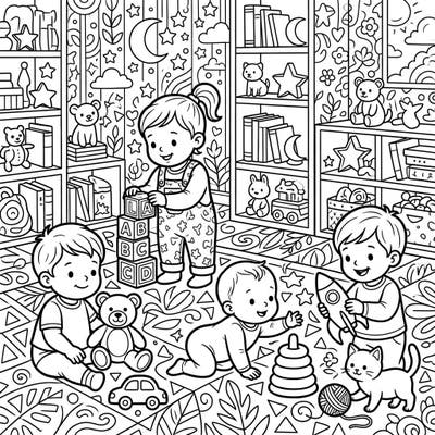Dive into a world of innocent wonder with this intricate adult coloring page featuring playful babies amidst a detailed, whimsical nursery. Designed for mindful coloring, it offers a delightful escape and promotes relaxation for adults.