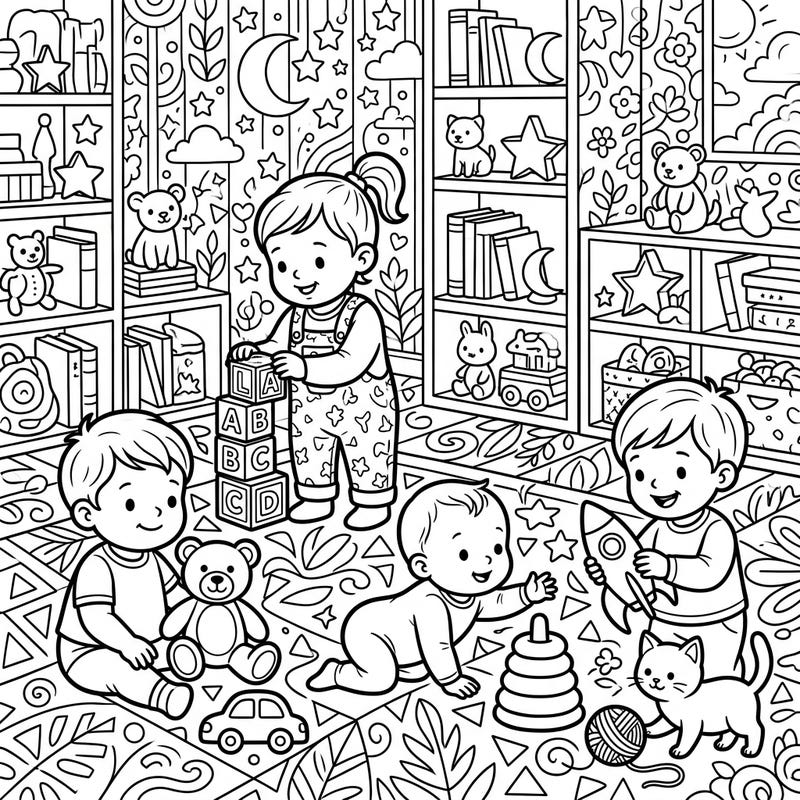 Dive into a world of innocent wonder with this intricate adult coloring page featuring playful babies amidst a detailed, whimsical nursery. Designed for mindful coloring, it offers a delightful escape and promotes relaxation for adults.