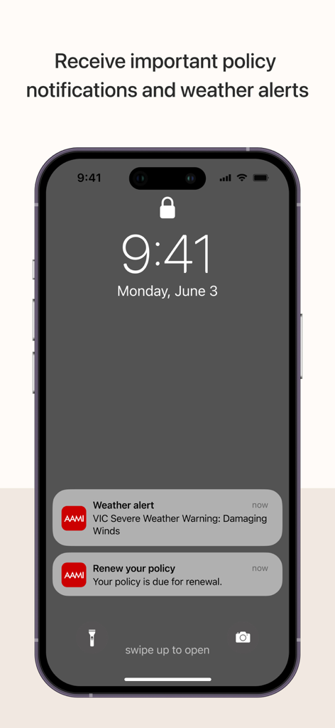 AAMI App - A iPhone lock screen showing AAMI App push notifications for a weather alert and a policy renewal reminder.