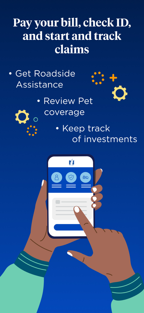 Ilustração de um usuário acessando os recursos do aplicativo Nationwide Mobile, como pagamento de contas, rastreamento de sinistros e assistência rodoviária.