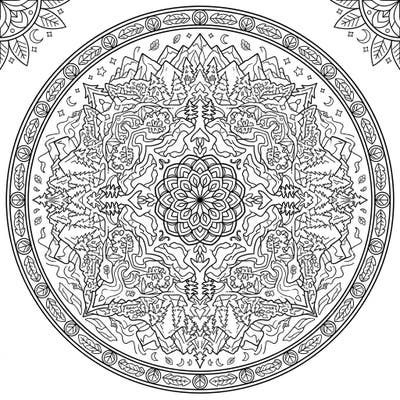 Journey into a symmetrical world of natural beauty with this captivating Forested Valleys Mandala coloring page. Featuring intricate details of mountains, trees, and winding rivers, it offers a truly immersive and relaxing artistic experience.