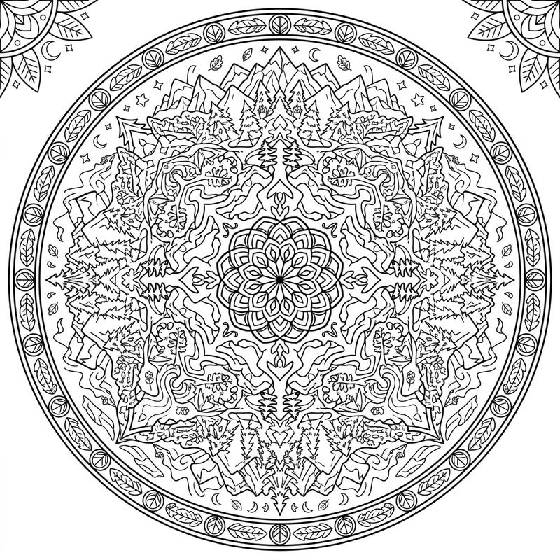 Journey into a symmetrical world of natural beauty with this captivating Forested Valleys Mandala coloring page. Featuring intricate details of mountains, trees, and winding rivers, it offers a truly immersive and relaxing artistic experience.