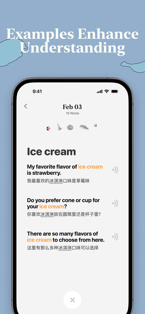 CapWords AI: Learn Languages - Mobile app interface showing vocabulary learning for the word ice cream with AI-generated example sentences in English and Chinese.