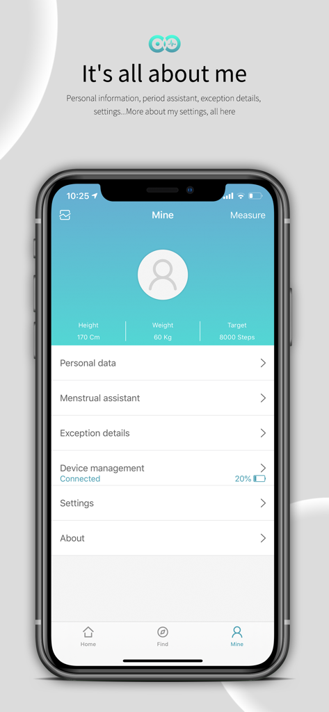 WearFit 2.0 app profile page displaying health metrics like height, weight, and step goals alongside device settings