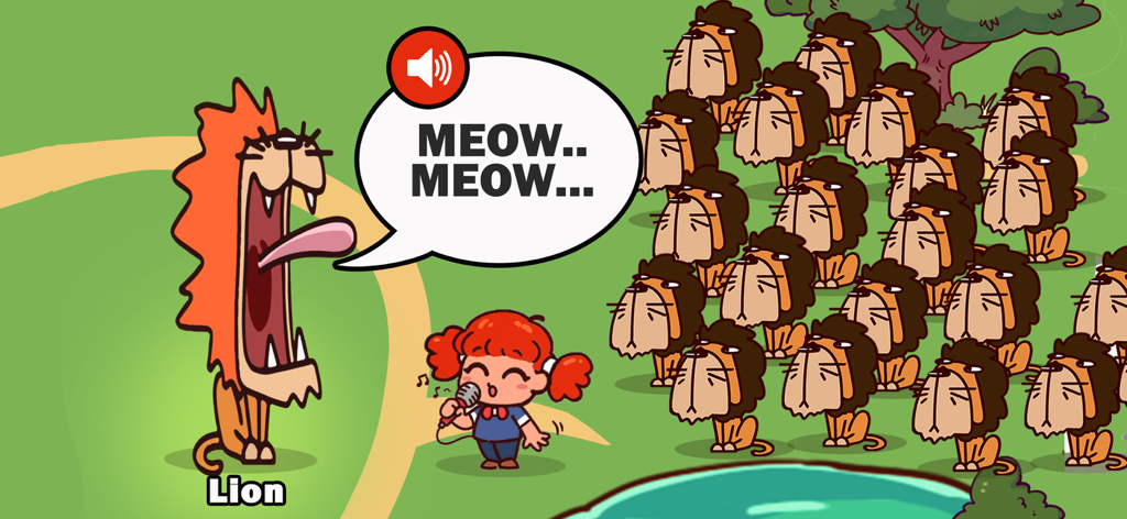 Animal Voice Fun Game - 만화 소녀가 동물 목소리 재미 게임에서 '야옹'이라고 말하는 사자를 위해 자신의 목소리를 녹음하고 있습니다