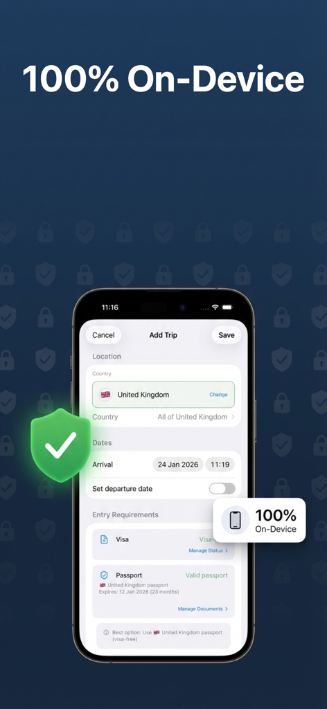 Residency: Visa Day Tracker - Screenshot of the Residency app showing a trip entry for the United Kingdom with arrival dates and a security shield icon emphasizing 100 percent on-device data privacy.