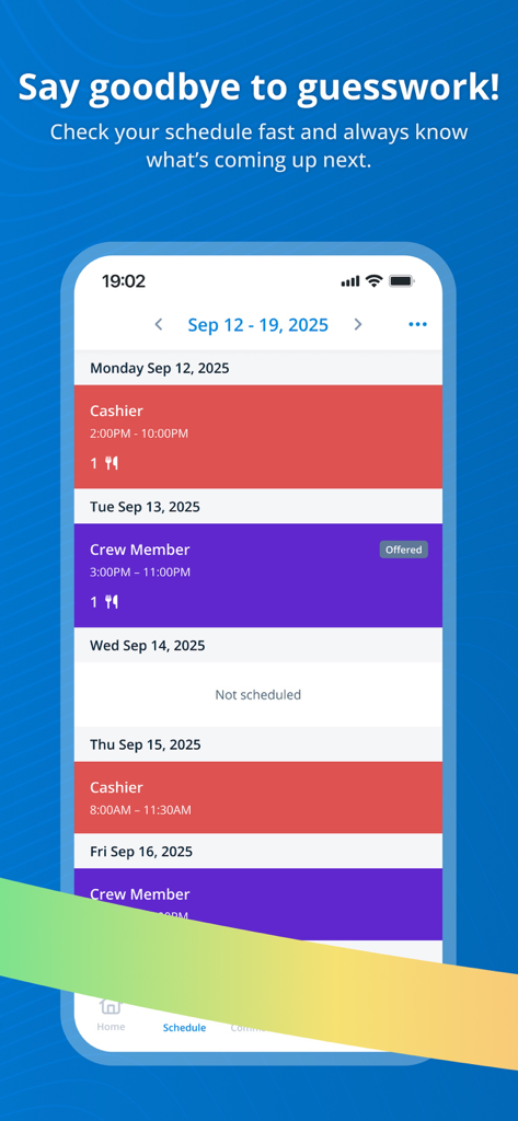 TeamLive mobile app interface showing a color coded weekly work schedule for hospitality employees