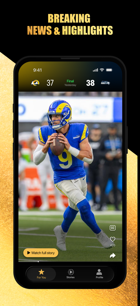Recapp Sports Highlights - Recapp app interface displaying an NFL highlight video in a vertical feed with game scores.