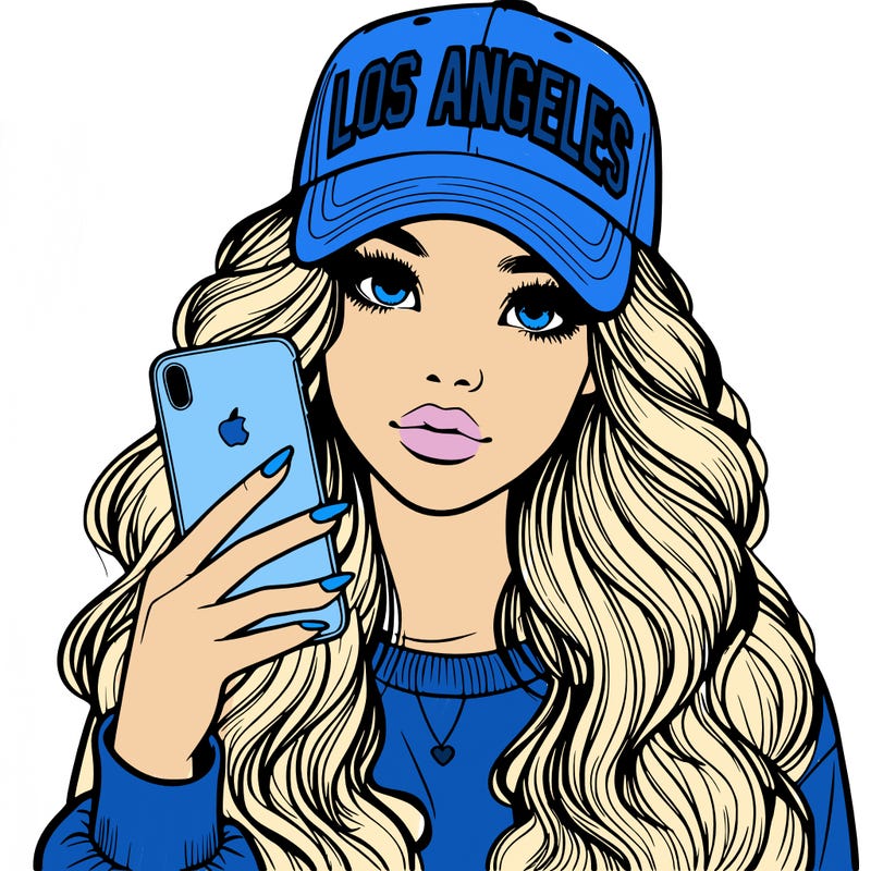 realistic beautiful girl wearing los ángeles cap holding an iphone