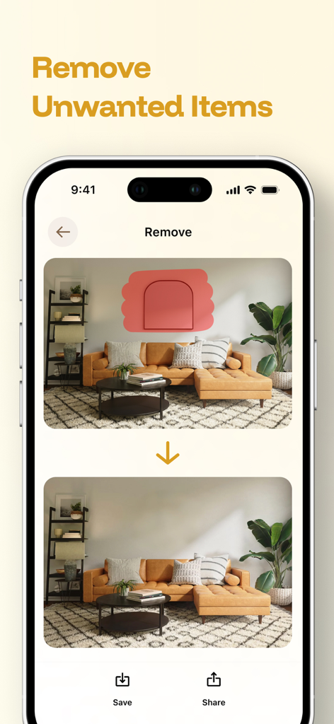 A mobile interface showing before and after images of a living room where AI removes a wall decoration
