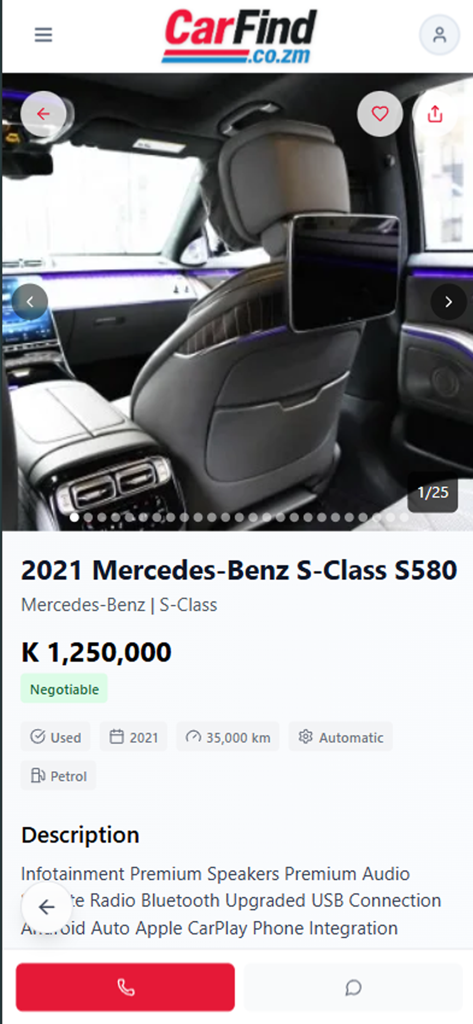CarFind.co.zm - Mobile app screenshot of a 2021 Mercedes-Benz S-Class for sale on CarFind Zambia.