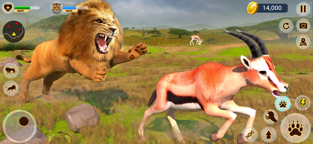 Lion Hunting Simulator Game - Un leone insegue una gazzella in un'interfaccia di gioco simulatore di caccia nella savana 3D.