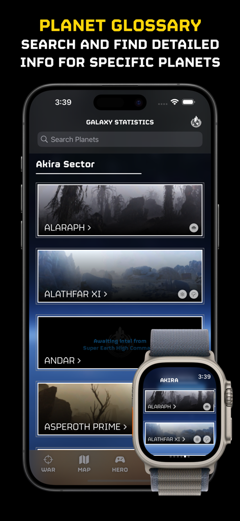 War Monitor for Helldivers 2 - iPhoneとApple Watchで惑星リストを表示するHelldivers 2 ウォーモニターアプリの惑星用語集のプレビュー。