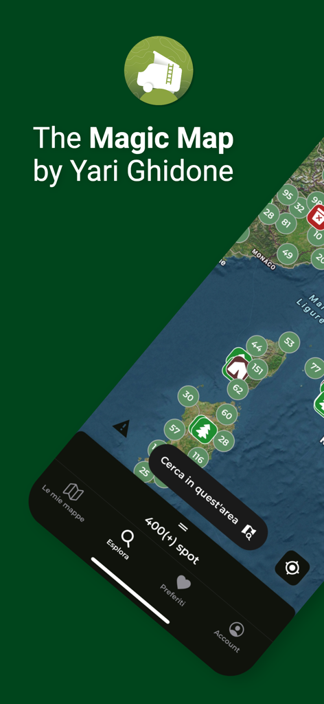 Mappa Magica - Mappa Magicaアプリのインターフェース。ヨーロッパ各地の厳選されたバンライフの場所を示すマップを表示しています。