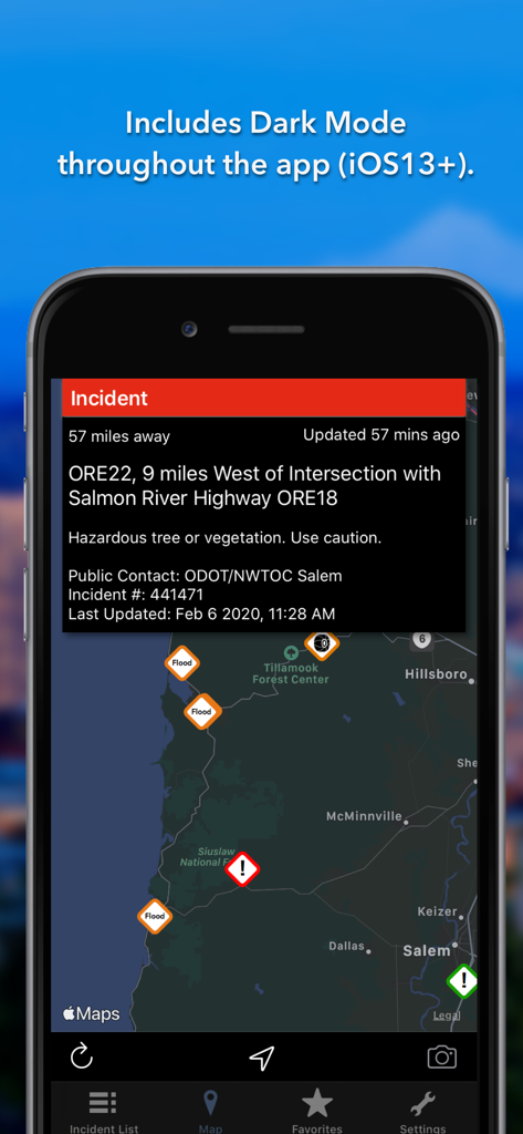 Oregon Roads Traffic app interface in dark mode showing traffic incidents and map view