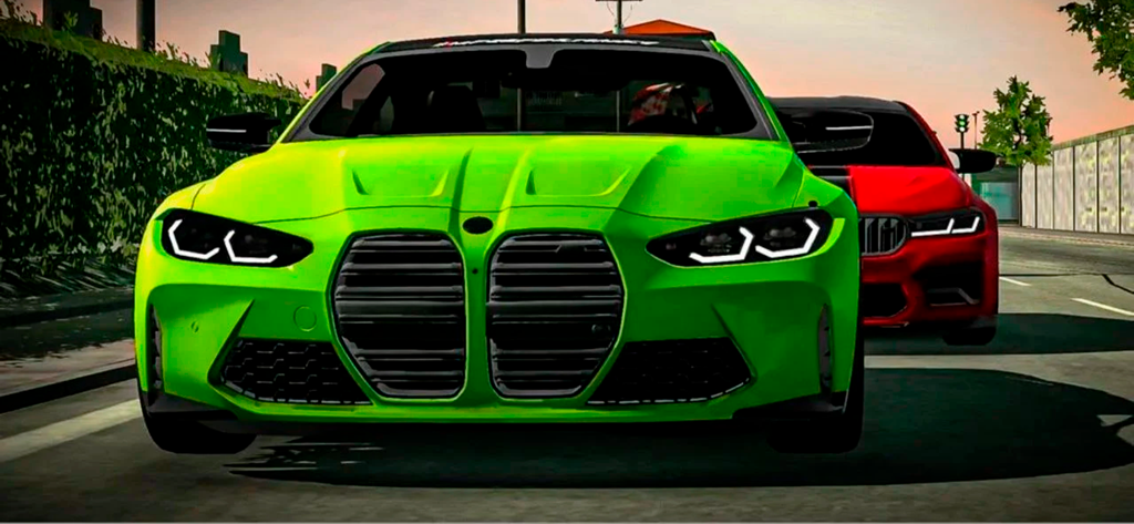 Close up of a customized bright green and red sports car on a city street in Car Parking Multiplayer