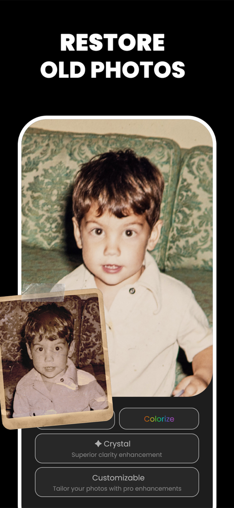 Unblur Clear Image·Enhancer AI - AI photo restoration feature showing a grainy old childhood picture being enhanced and colorized for better clarity