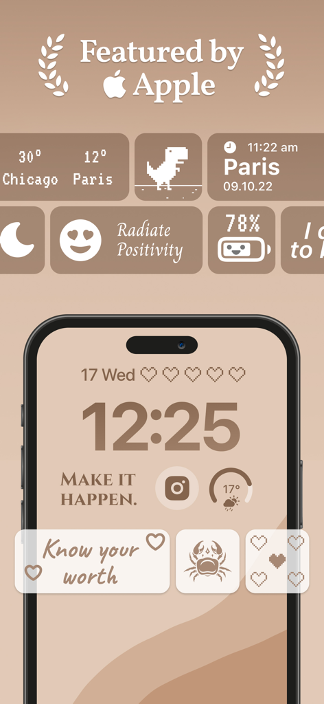 Aesthetic Kit minimalist beige theme with custom widgets and icons on an iPhone screen