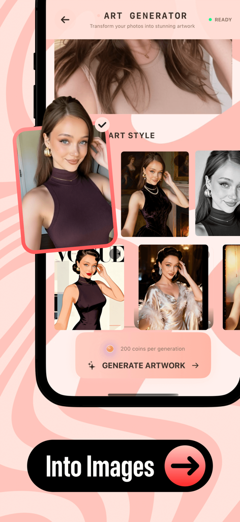 Yaci - Yaci AI app interface displaying vintage art styles and portrait transformations