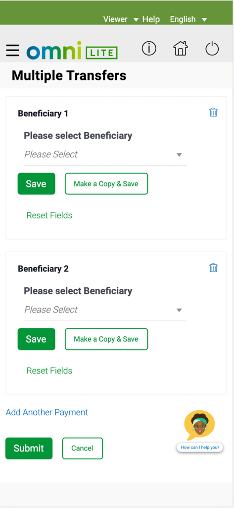 Ecobank Omni Lite - Interface de l'application Ecobank Omni Lite montrant l'écran des virements multiples pour gérer plusieurs bénéficiaires à la fois.