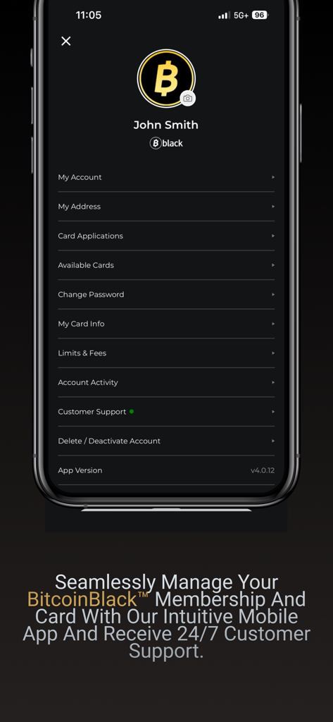 Bitcoinblack app account settings screen for membership and card management