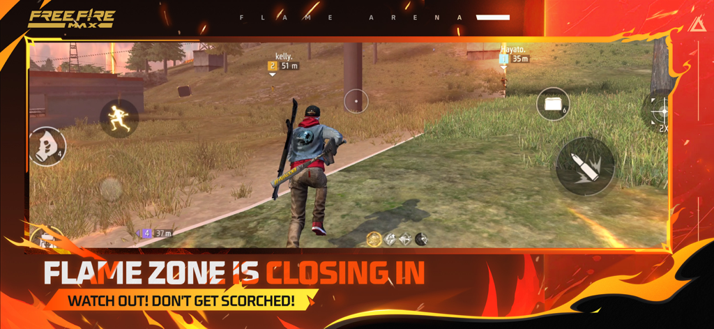 Gameplay de Free Fire MAX à la troisième personne montrant un joueur courant alors que la Zone de Flammes se rapproche