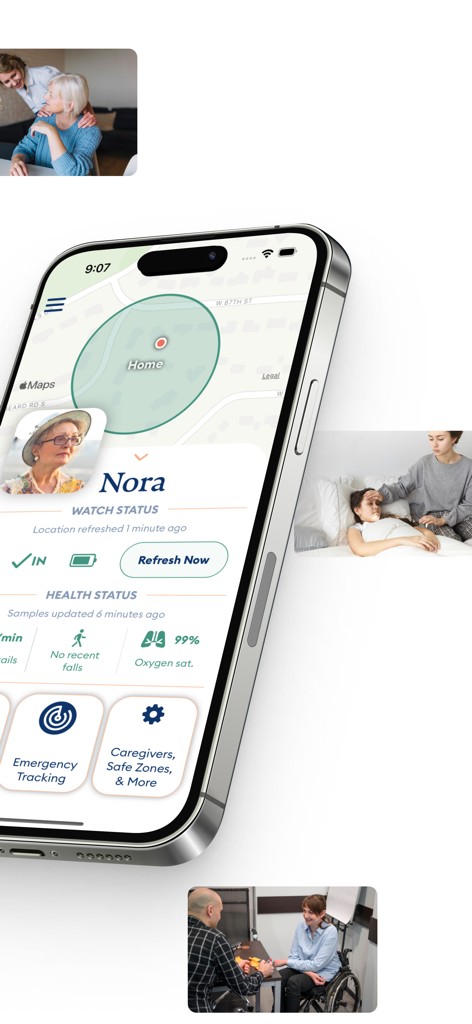 BoundaryCare Watch-Based GPS - A smartphone showing the BoundaryCare caregiver dashboard with a GPS geofencing map, health status updates, and emergency tracking options.