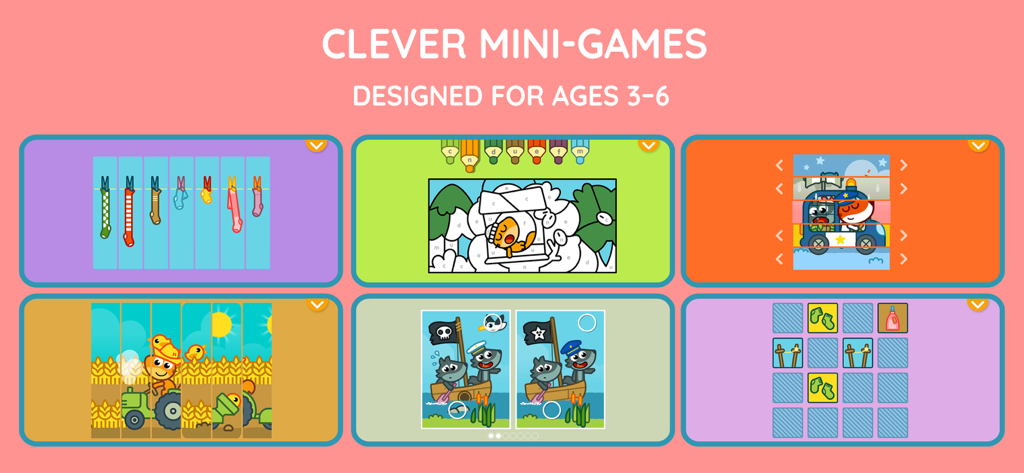 A selection of educational mini games for children aged 3 to 6 including puzzles and logic activities.