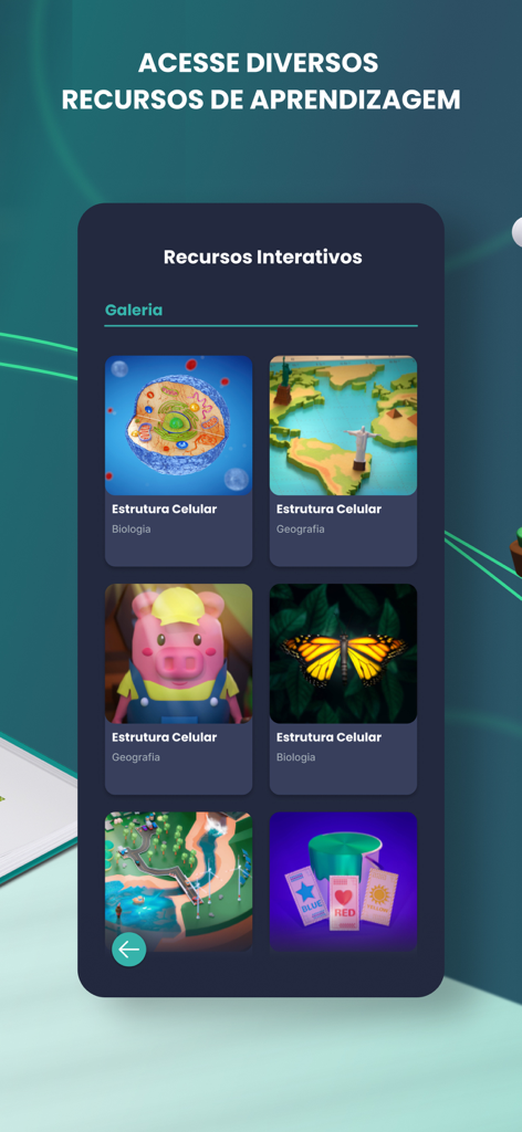 A mobile app screen for Bernoulli Play showing a gallery of interactive educational resources including biology and geography modules