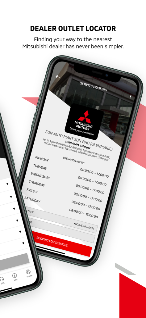 Localisateur de concessionnaire et écran de réservation de service de l'application Mitsubishi Connect