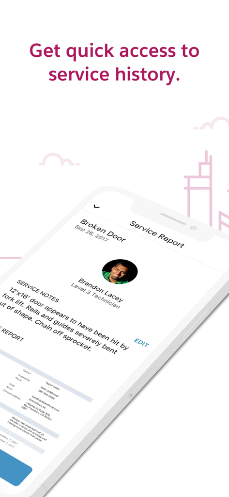 技術者のメモと修理履歴が含まれるサービスレポートを表示する Salesforce Field Service アプリの画面