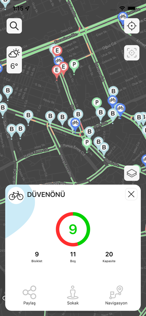 KBB Trafik - App KBB Trafik che mostra la disponibilità e le posizioni delle stazioni di bike-sharing in tempo reale su una mappa della città