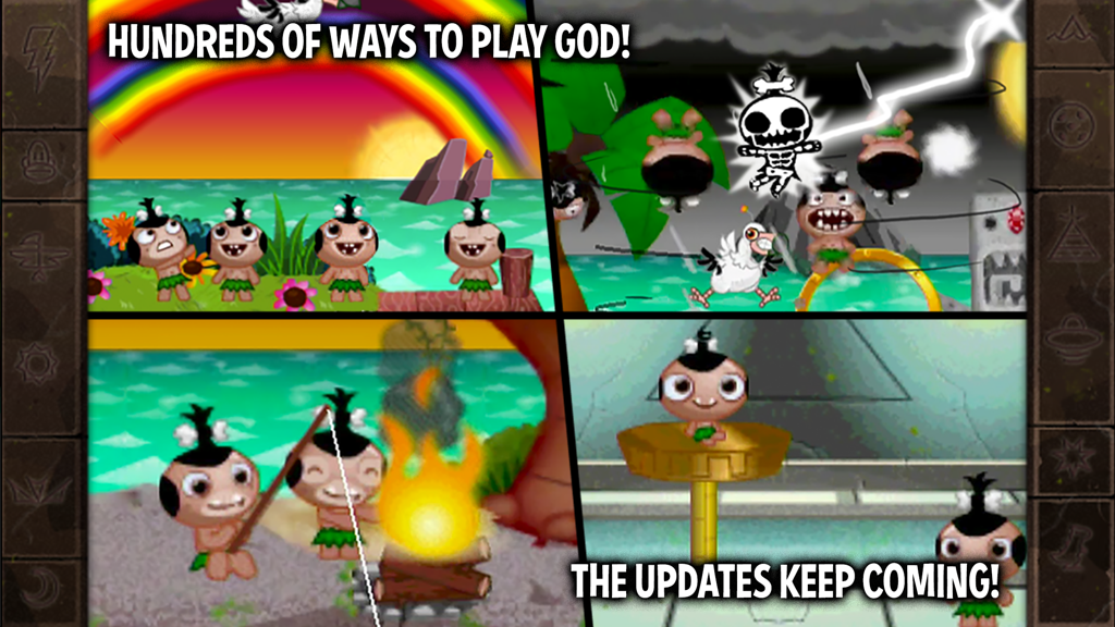 A four panel collage showing different gameplay scenarios in Pocket God featuring pygmies in various environments
